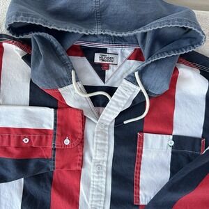 Tommy Hilfiger Button Up Hooded Long Sleeve Shirt w/red white & blue EUC Men XXL